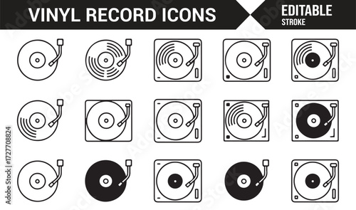 Editable line stroke vinyl record player collection for DJ equipment graphics