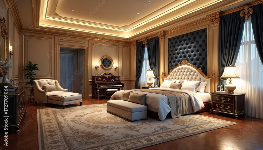Fototapeta premium Opulent bedroom features king bed with tufted headboard, plush rug, chaise lounge, and grand piano. Ornate gold trim and dark blue curtains enhance lavish interior.