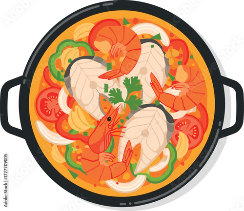 Brazilian food of moqueca baiana in a pan with shrimp and fish on transparent background