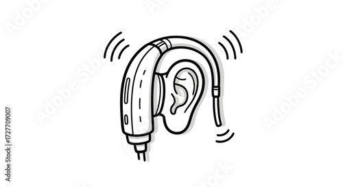 Hand-drawn illustration of a hearing aid device with sound waves.