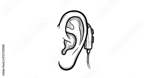 Line drawing of a human ear with a hearing aid.