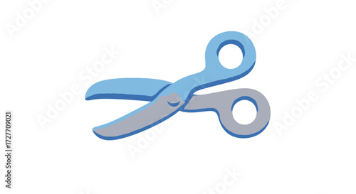 A stylized pair of open scissors with light blue handles and grey blades.