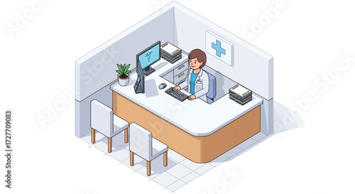 Isometric Illustration of Medical Reception Desk with Male Receptionist.