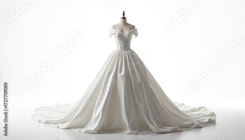 White off shoulder wedding dress features a structured bodice with intricate beadwork and a full satin ball gown skirt. Floor length train flows elegantly. Formal bridal attire for a special day.