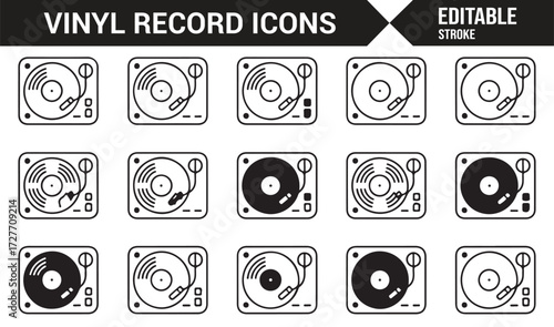 Editable stroke turntable icons showing classic analog music symbols