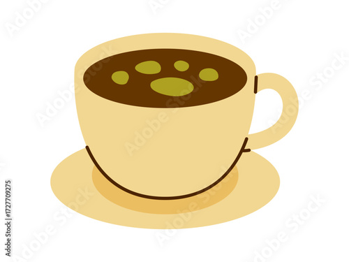 Vector cup of Dubai hot chocolate with pistachio isolated on white. Cozy drink illustration for dessert menu, cafe branding, bakery packaging, and seasonal food design.
