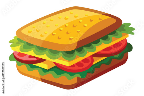 Tasty cartoon sandwich layers lettuce, cheese, and tomato slices between two pieces of bread