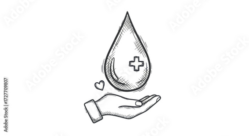 Hand holding a blood drop with a plus sign sketch style illustration.