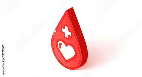 Red Blood Drop Icon with White Cross and Heart Symbol.