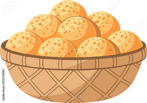 Brazilian food basket full of pão de queijo arranged in a basket, on transparent background