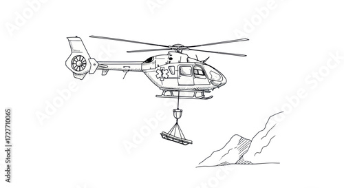 Helicopter performing a rescue operation lifting a stretcher from a mountainous terrain.