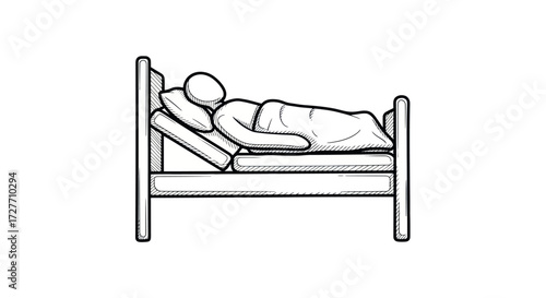 Line Art Illustration of Person Resting in an Adjustable Hospital Bed.