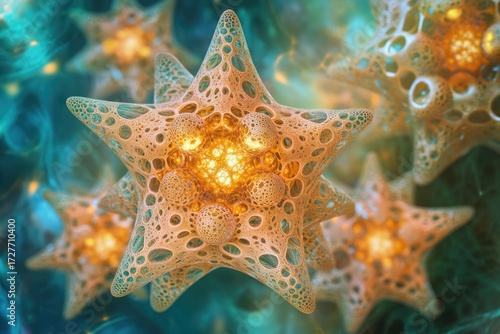 Intricate, glowing star-shaped structures resembling microscopic organisms or abstract art.