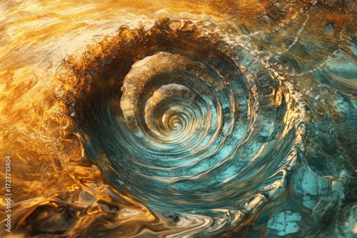 Abstract swirling vortex of gold and teal water, creating a mesmerizing tunnel effect.