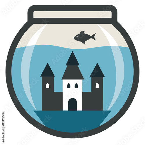 Stylized fishbowl with castle and single fish illustration isolated on white background
