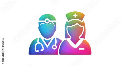 Colorful Doctor and Nurse Icon with Stethoscope and Cap.