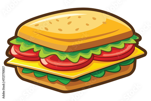 Appetizing cartoon sandwich features fresh tomatoes, crisp lettuce, and cheese between two bread slices