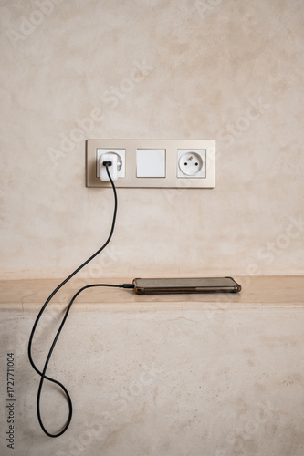 Mobile phone charging with a cable charger plugged into the wall sockets and leaning against a work ledge. Wall painted with stucco decoration in earth tones.