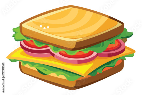 Toasted bread sandwich displays layered lettuce, cheese, tomato, and onion fillings