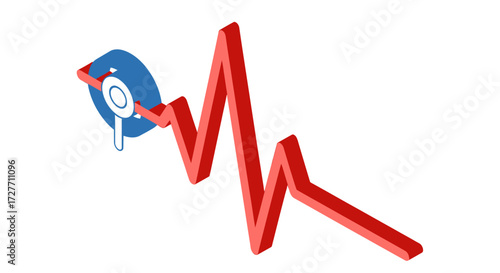 3D Red Line Graph with Magnifying Glass Analyzing Fluctuating Data.