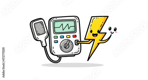 Cute Cartoon Lightning Bolt Interacting with a Digital Multimeter Device.