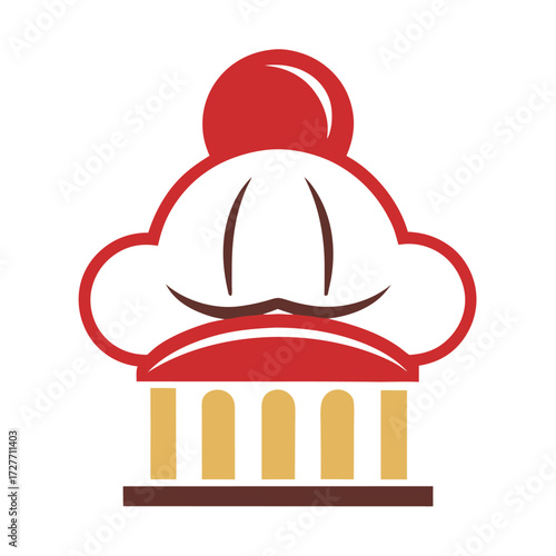 Stylized chef hat with cherry and pillars logo design isolated on white background
