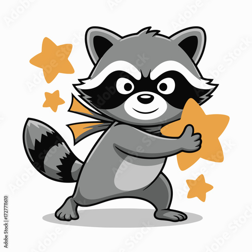 Playful ninja raccoon stealthily steals shiny stars under the night sky with a mischievous grin