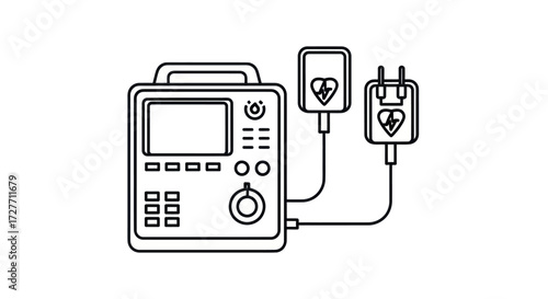 Automated External Defibrillator AED with Pads and Power Adapter Line Art.
