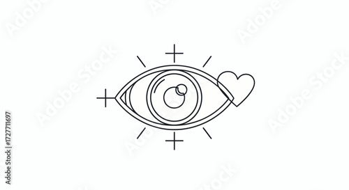 Stylized Eye with Heart and Crosses Black and White Line Art.