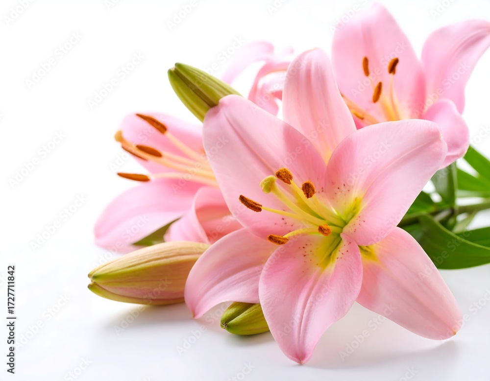 Fototapeta premium Close-up of pink lilies on white background