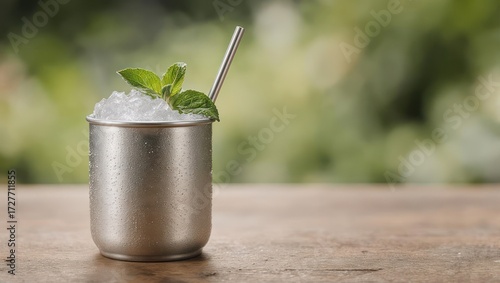 Silver mug with crushed ice and mint