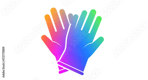 A stylized pair of overlapping gloves featuring a vibrant rainbow gradient design.
