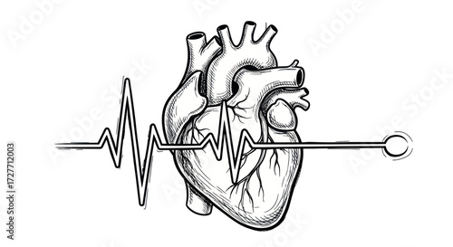 Detailed Anatomical Heart Illustration with EKG Pulse Line.