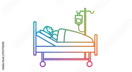 Patient lying in hospital bed with IV drip medical care illustration.
