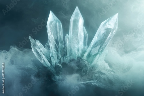 A cluster of teal crystals emerges from a misty, ethereal environment, showcasing intricate formations and a mystical aura.