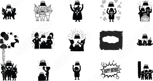 Birthday celebration icons, cartoon silhouettes with cakes, party hats, happy people, festive decorations, anniversary design, vector illustration, celebration art set