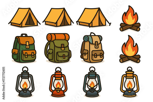 Camping equipment icons: tents, backpacks, campfires, lanterns