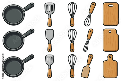 Kitchen utensils set with pans spatulas whisks and cutting boards