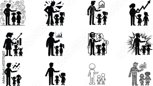 Cartoon silhouettes of adults teaching children finance, education, money management, charts, growth, family learning, guidance, investment, financial literacy vector design