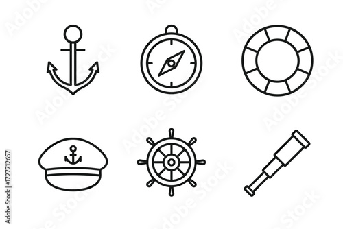 Nautical icons: anchor, compass, lifebuoy, captain hat, ship wheel, telescope