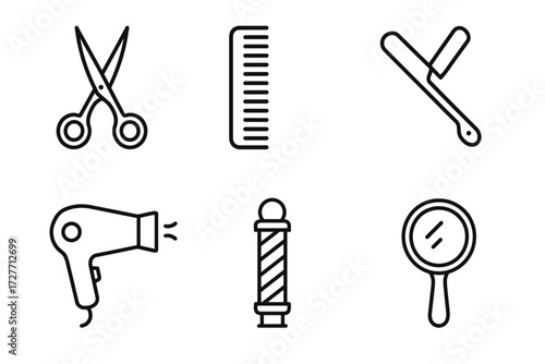 Barber tools icon set: scissors, comb, straight razor, hair dryer, barber pole, mirror