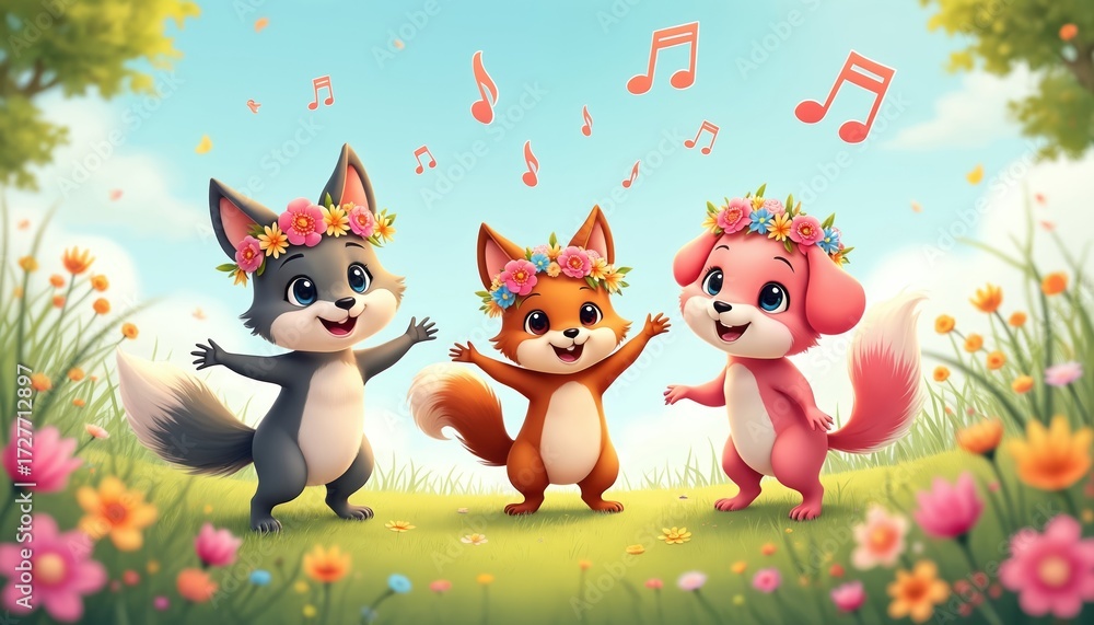 Fototapeta premium Cute cartoon animals dance in vibrant spring field. Grey cub, orange fox, pink pup wear bright flower crowns. Smile, arms open, celebrating with music notes floating above. Happy forest creatures