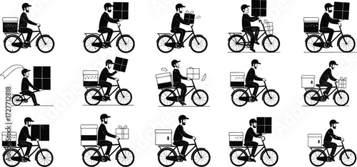 Cartoon silhouettes of people riding bicycles carrying boxes, bottles, tools, delivery concept, urban transport, courier service, vector illustration design