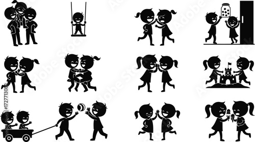 Construction worker silhouettes, bricklaying, pickaxe, jackhammer, ladder climbing, masonry tools, industrial labor, building site, workforce vector illustration design