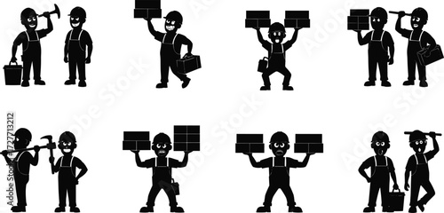 Construction worker silhouettes, hammer, toolbox, signage, teamwork, industrial labor, building site, occupational safety, workforce design, vector illustration art