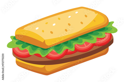 Cartoon sandwich featuring yellow bun, green lettuce, brown meat, and red tomatoes