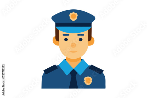 Smiling police officer with hat and badge stands confidently in his official navy uniform