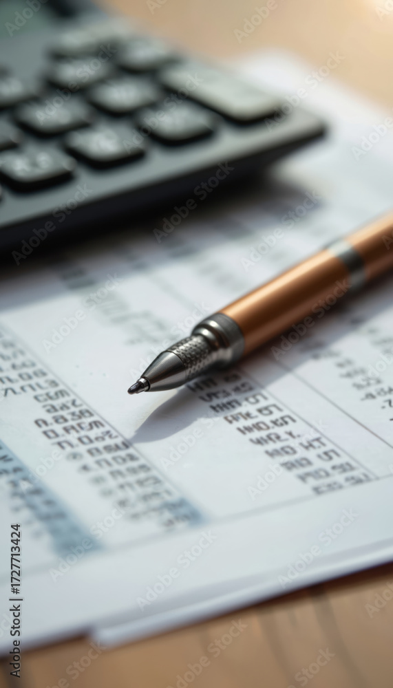 Obraz premium Calculator and pen rest on financial papers. Numbers and text on sheet suggest analysis of budgets and accounts. Pro finance review with detailed records.