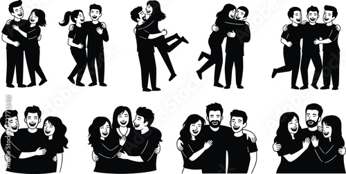 Friendship silhouettes, people hugging, smiling, joyful embrace, group connection, companionship, affection, social bond, lifestyle vector illustration, human relationship design