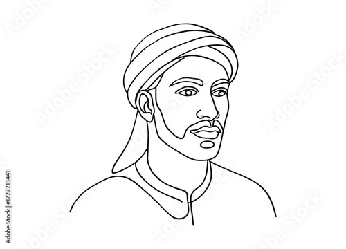 Line art portrait of historical figure with turban on white background